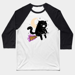 Black Cat On Broomstick Baseball T-Shirt